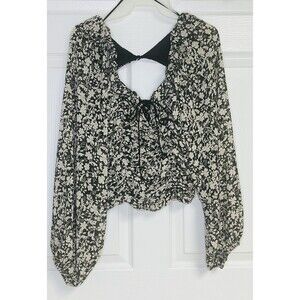 Mable Black Beige Floral Rouched Cropped Top Medium M Balloon Sleeve
